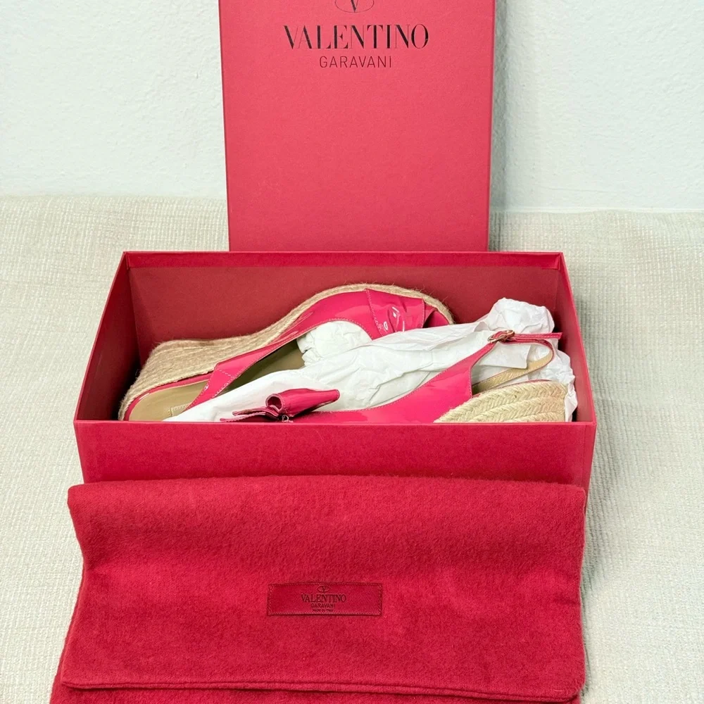 Valentino Garavani Fuchsia Patent Bow Wedge Sandals EU 38 US 8 Box